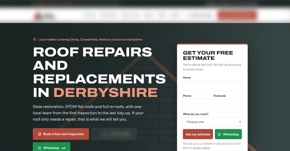 Roofing contractor website concept, Derbyshire, UK