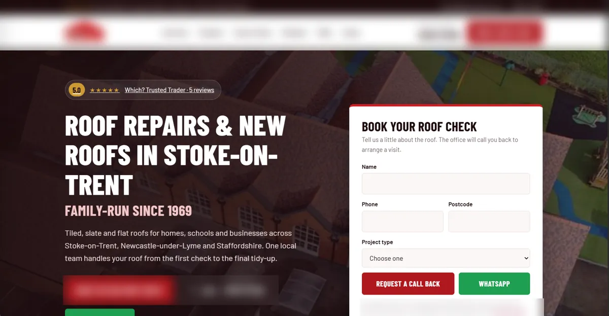 Roofing contractor website concept, Staffordshire, UK