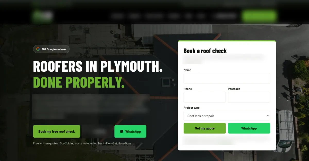 Roofing contractor website concept, Devon, UK
