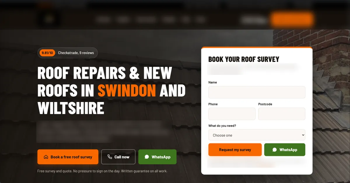 Roofing contractor website concept, Wiltshire, UK